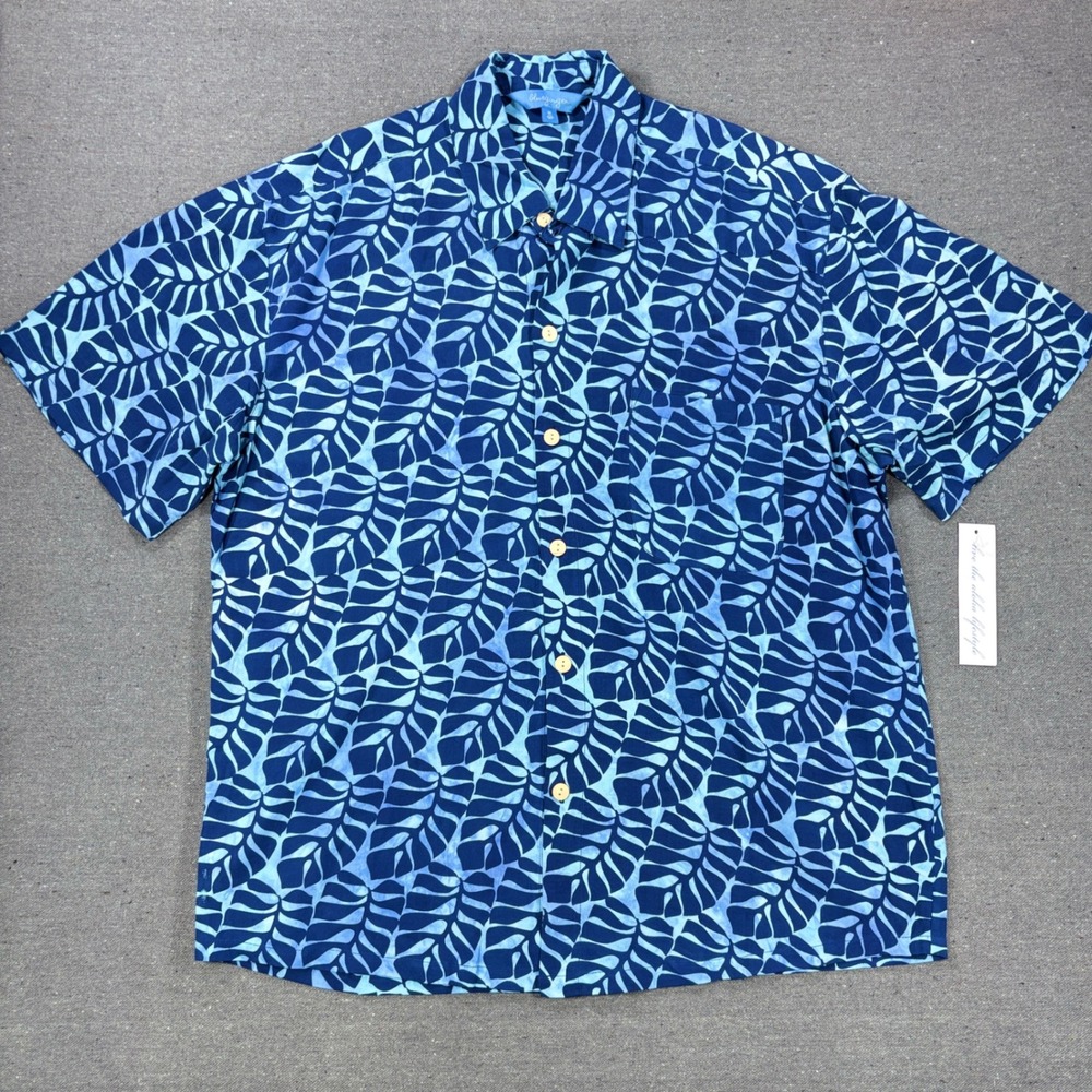 Blue Ginger Button Up Shirt Mens Medium Blue Tropical Leaf Hawaiian Aloha NWT